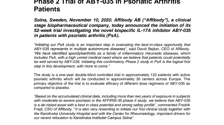 Affibody Announces Initiation of Confirmatory Phase 2 Trial of ABY-035 in Psoriatic Arthritis Patients