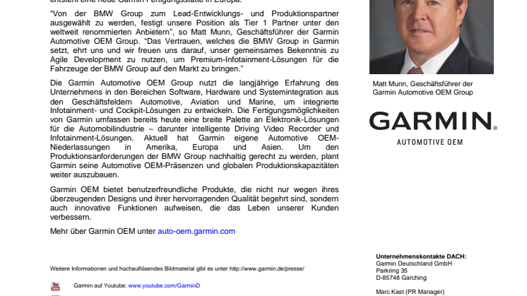 Garmin als Tier 1 Partner für Entwicklung und Fertigung von Fahrzeug-Infotainment-Lösungen ausgewählt