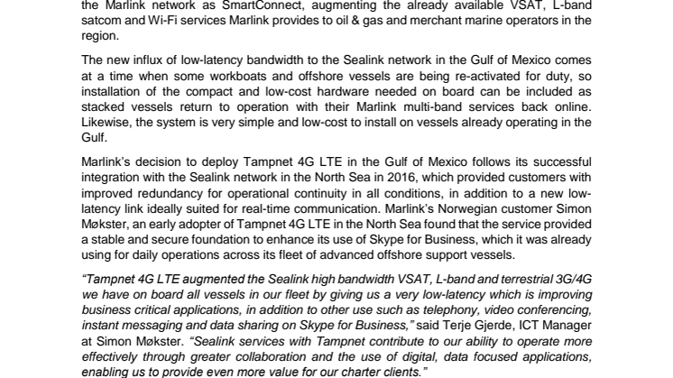Marlink: Tampnet 4G LTE now available on Marlink’s multi-band network in the Gulf of Mexico 