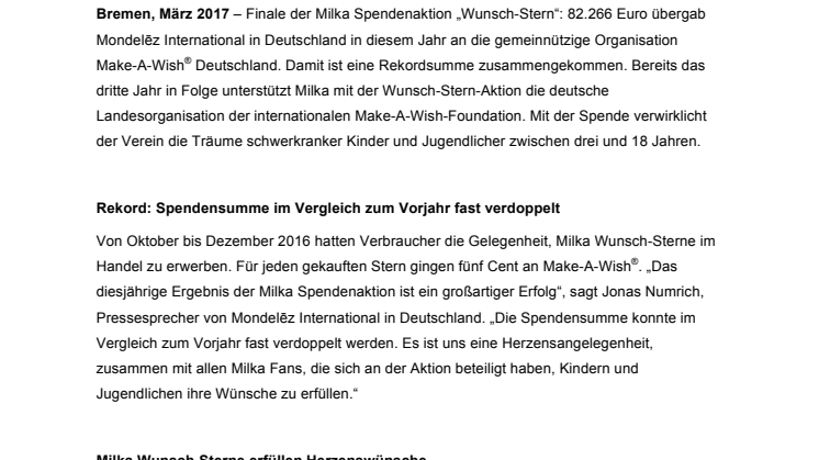 Milka „Wunsch-Stern“ Spendenaktion erfüllt Kindern Herzenswünsche 