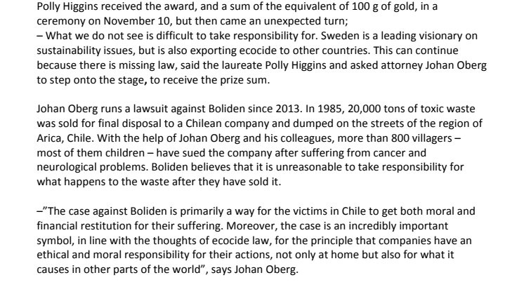 Winner of Swedish sustainable leadership award gives prize sum away to victims of Swedish mining