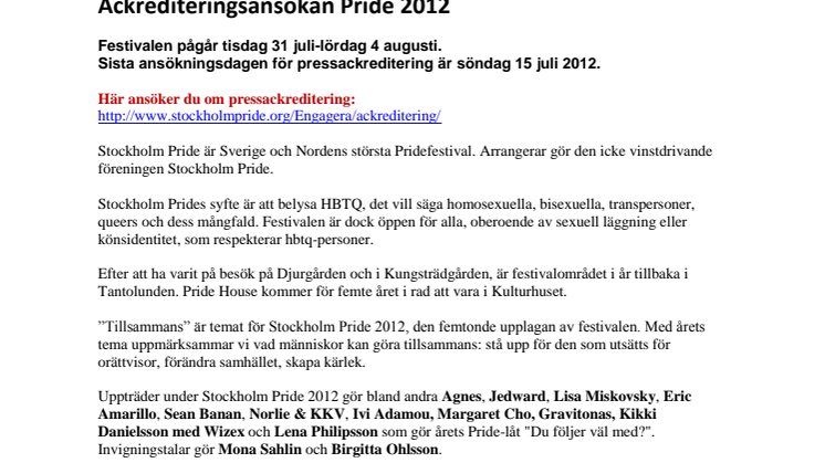 PÅMINNELSE: Ackrediteringsansökan Stockholm Pride 2012