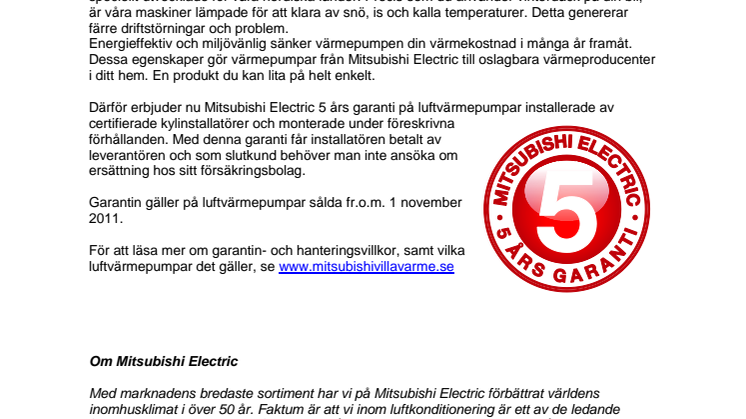 Mitsubishi Electric inför 5-års garanti på luftvärmepumpar