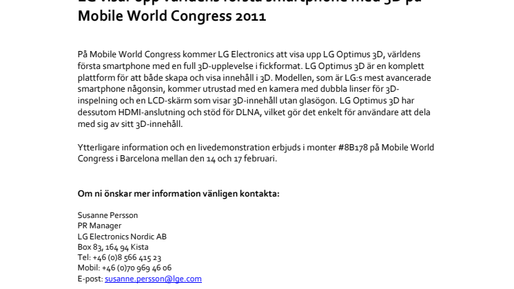 LG visar upp världens första smartphone med 3D på Mobile World Congress 2011  