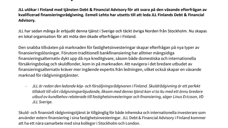JLL utökar sitt tjänsteutbud i Finland med tjänsten Debt & Financial Advisory