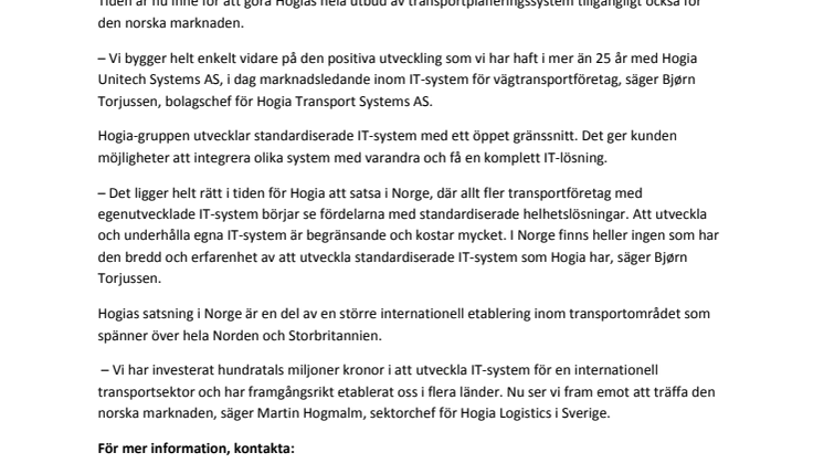 Hogia Transport Systems AS slår upp dörrarna i Norge