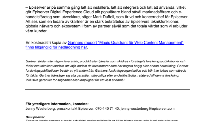 Episerver ledande i Gartners 2015 Magic Quadrant