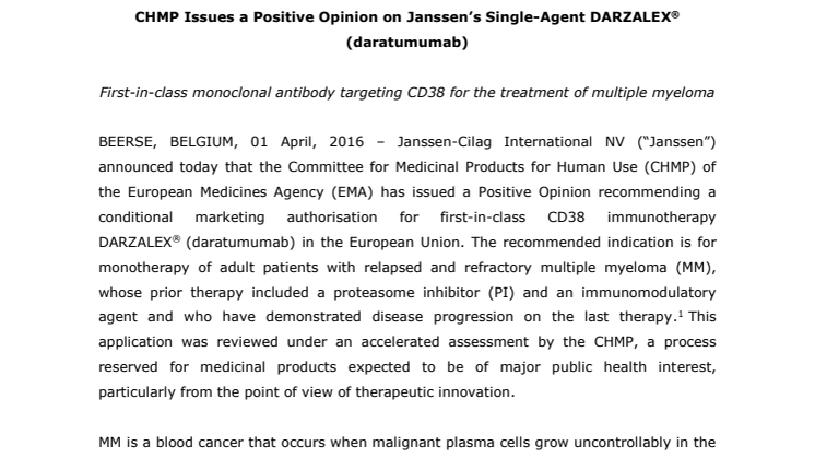 CHMP ger Janssens monoterapi DARZALEX® (daratumumab) ett positivt utlåtande