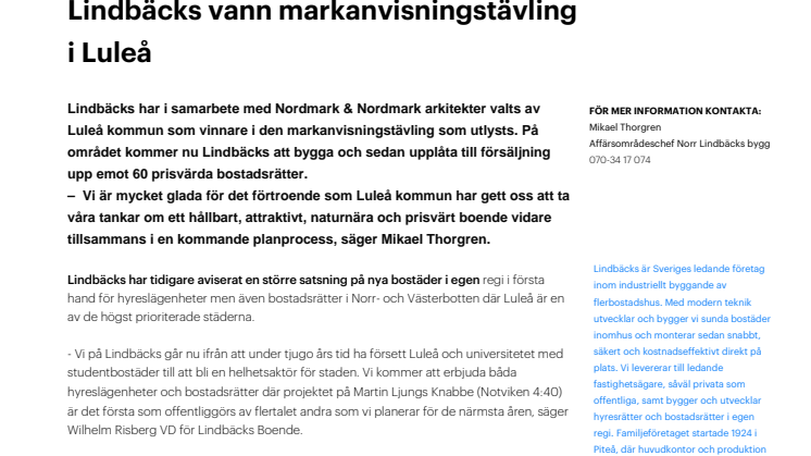 Lindbäcks vann markanvisningstävling i Luleå