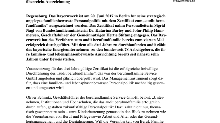 Bayernwerk-Angebote zur Vereinbarkeit von Beruf und Familie zum vierten Mal in Folge zertifiziert 