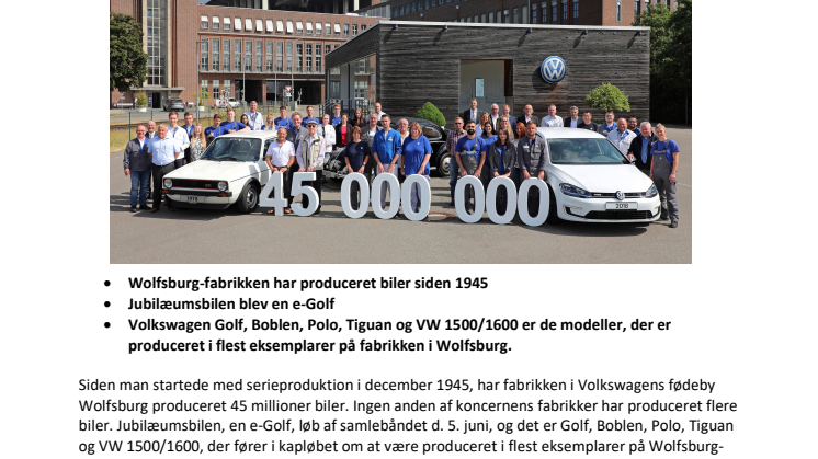 Volkswagens Wolfsburg-fabrik runder 45 millioner producerede biler