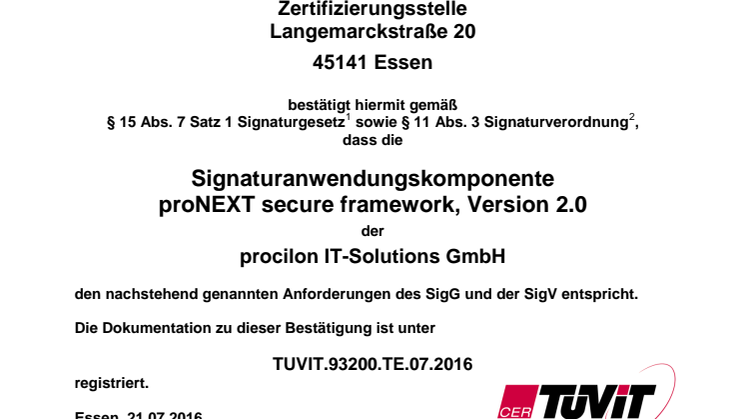 TÜV-IT Zertifikat proNEXT Secure Framework 2.0