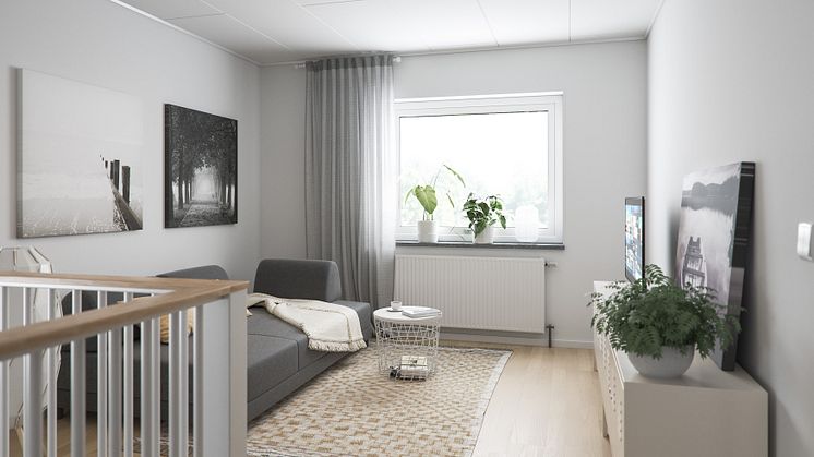 Illustration av interiör, allrum på övre plan, BoKlok småhus 2019. 