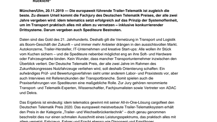 Digitale Unabhängigkeit für Spediteure: idem telematics gewinnt Deutschen Telematik Preis 