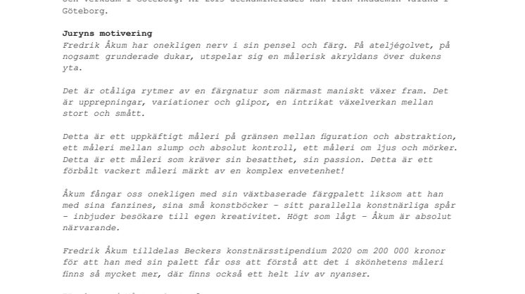 Fredrik Åkum tilldelas Beckers konstnärsstipendium 2020