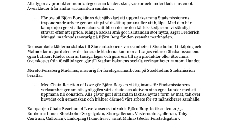 Björn Borg uppmanar till kläddonationer i samarbete med Stadsmissionen