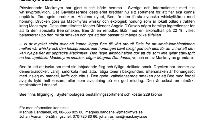Mackmyra presenterar Bee – den svenska whisky- och honungslikören