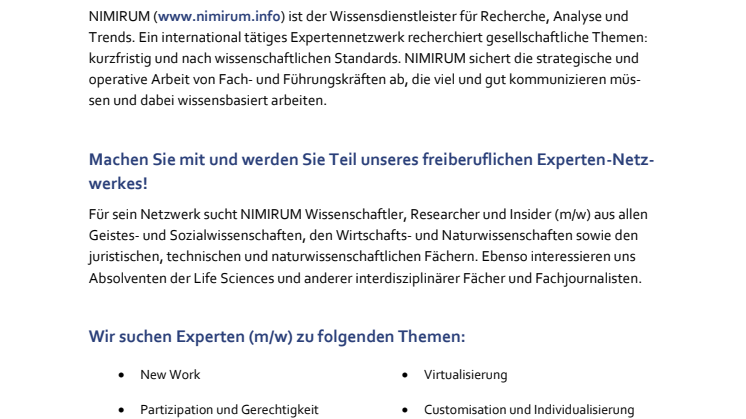 NIMIRUM Ausschreibung Experten