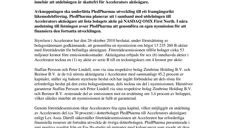 Accelerator förbereder för utdelning av dotterbolaget PledPharma