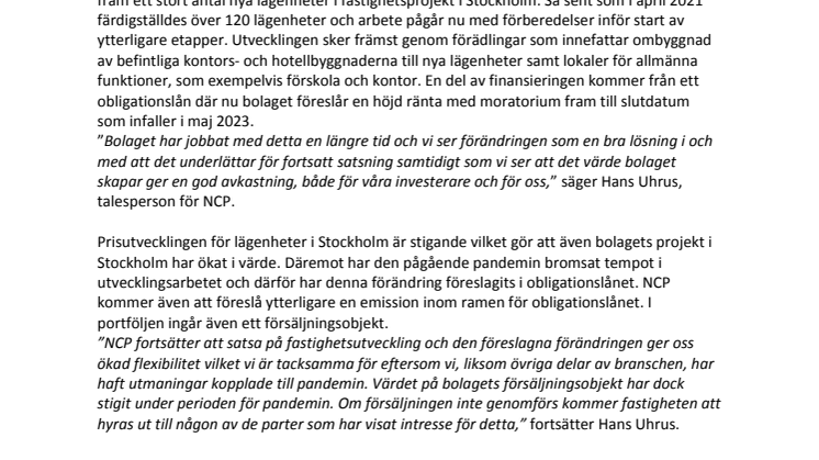 NCP underlättar för fortsatta investeringar - förändringar i obligationslån föreslås 