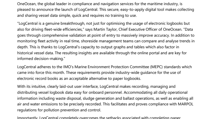 OneOcean adds Electronic LogBooks to its  rapidly growing platform 