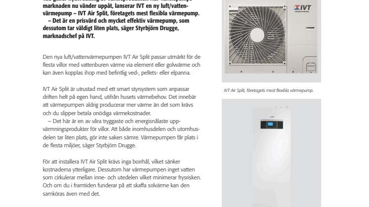 Effektiv kraft i kompakt format – IVT lanserar ny luft/vattenvärmepump