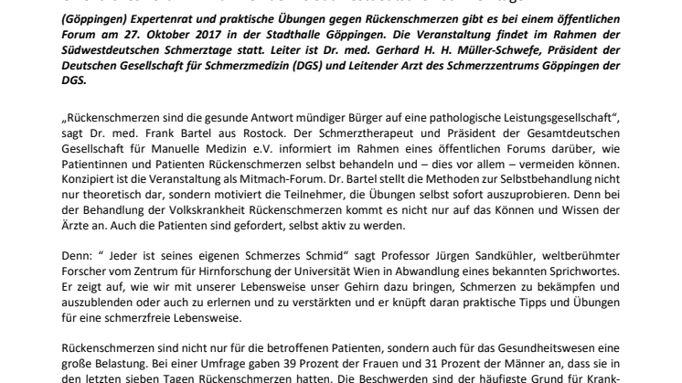 Pressemitteilung zum Patientenforum 2017 anlässlicher der 20. Südwestdeutschen Schmerztage