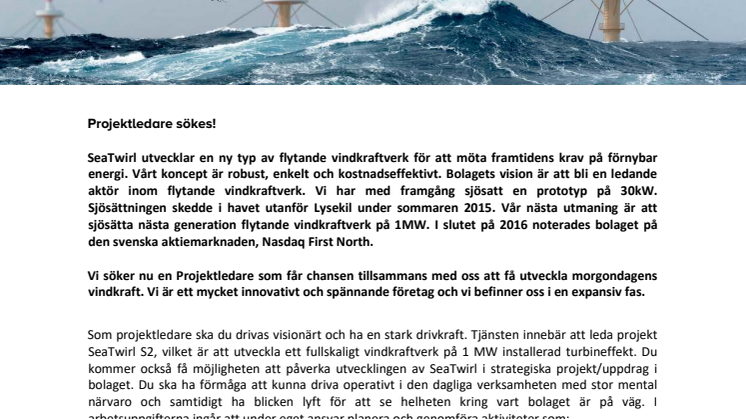 Projektledare till SeaTwirl AB sökes