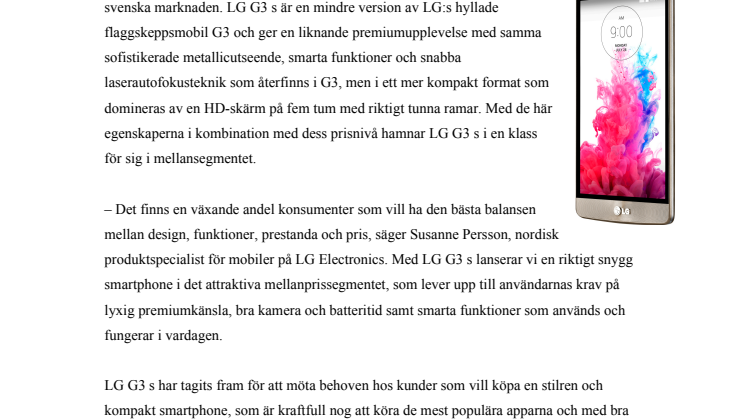 LG G3 FÅR ETT MINDRE SYSKON – G3 s ÄRVER HYLLAD DESIGN, LASERAUTOFOKUS OCH SMARTA FUNKTIONER