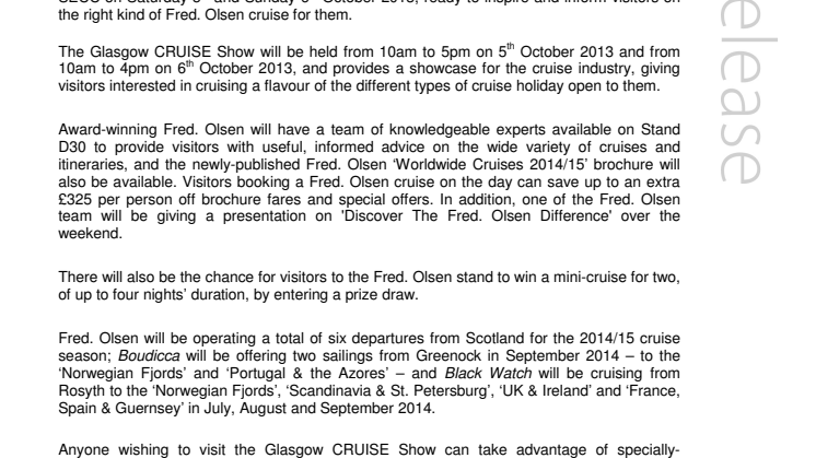 Join ‘Best Affordable Cruise Line’ Fred. Olsen Cruise Lines  at the Glasgow Telegraph CRUISE Show 2013 