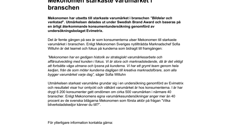 Mekonomen starkaste varumärket i branschen