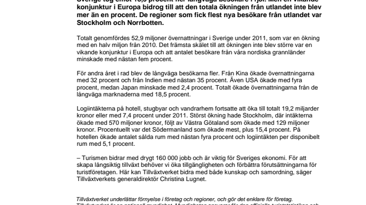 Turiståret 2011: Fler långväga besökare och ökade logiintäkter 
