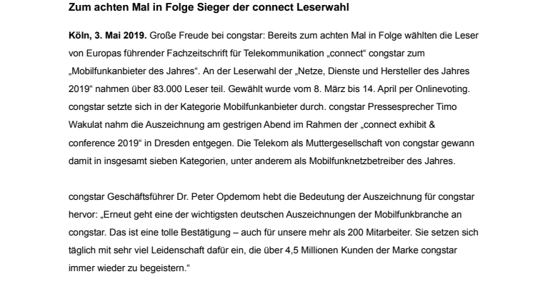 congstar ist „Mobilfunkanbieter des Jahres 2019“