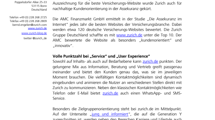 Zwei AMC-Preise für Zurich: Gelungene Website und nachhaltige Kundenorientierung