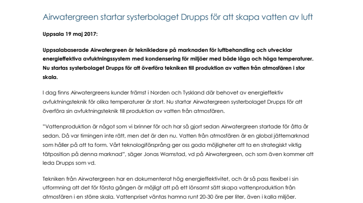 Airwatergreen startar systerbolaget Drupps för att skapa vatten av luft