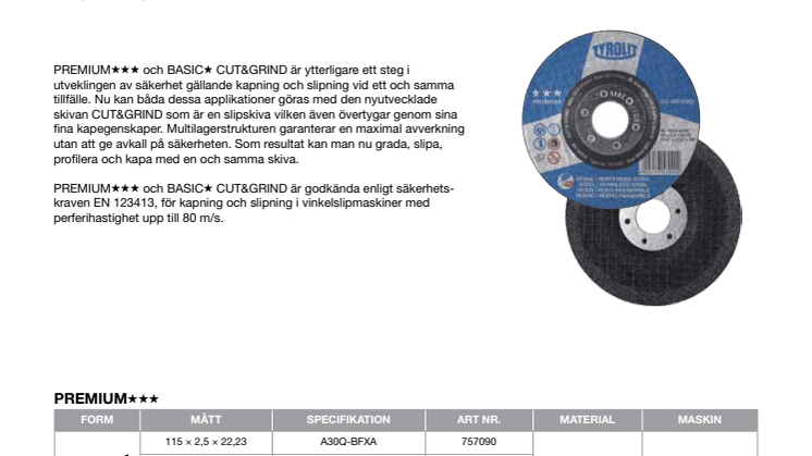 Tyrolit kap-och slipskiva Cut and Grind produktblad