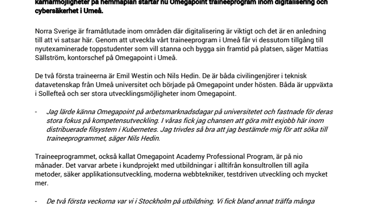 Omegapoints traineeprogram får unga civilingenjörer att stanna i Umeå