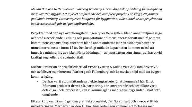 18 km ny avloppsledning gör det möjligt  för Varberg att växa