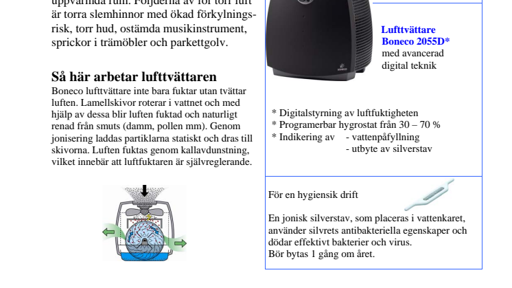 Lufttvättare Air-O-Swiss / Boneco 2055D / W2055A produktblad