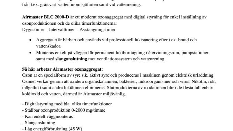 Airmaster ozonaggregat för ventilation och vattenrening!