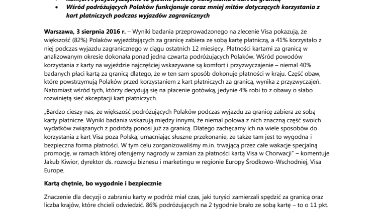 Ponad 40% Polaków podróżujących za granicę w ciągu ostatnich 12 miesięcy korzystało z karty podczas wyjazdu 