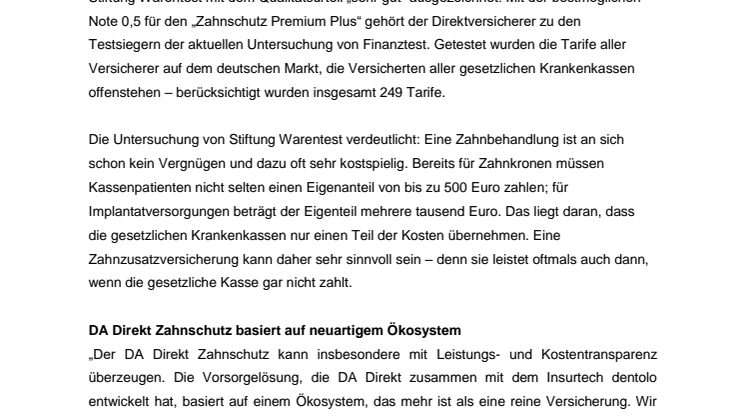 Testsieger bei Stiftung Warentest: DA Direkt Zahnzusatzversicherung erhält Bestnote