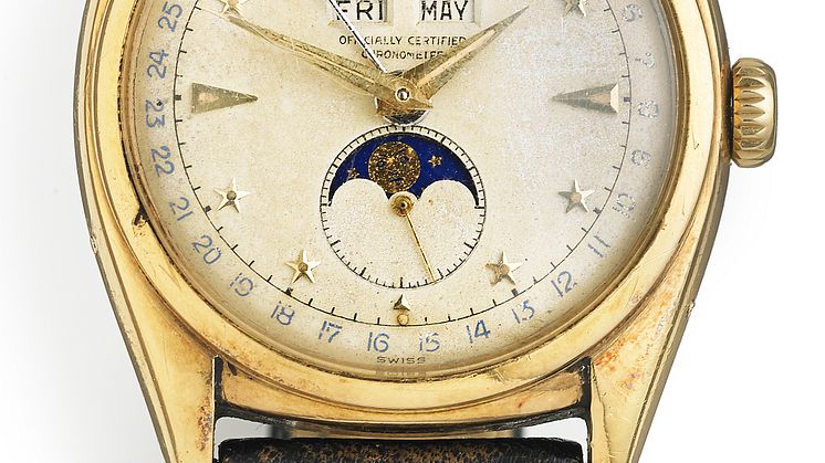 Rolex: Herrearmbåndsur af 18 kt. guld, ref. 6062 "Stelline". Automatisk værk med triple calendar og månefase. Ca. 1953. Hammerslag: 1.175.000 kr. 