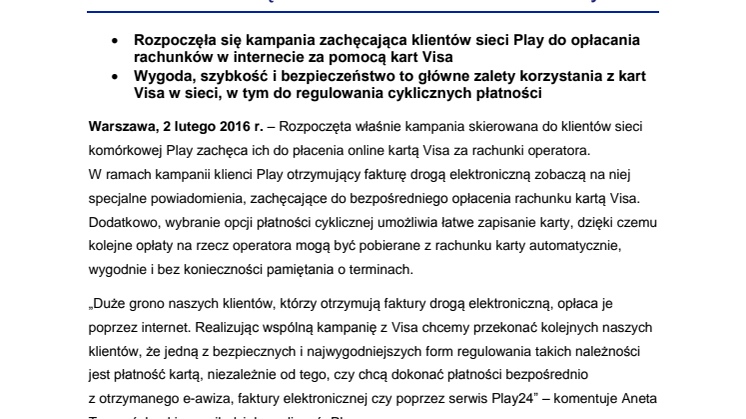 Płać online kartą Visa za rachunki w sieci Play