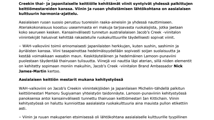 Jacob’s Creek kehitti viiniparin aasialaisen keittiön vaativiin tarpeisiin 