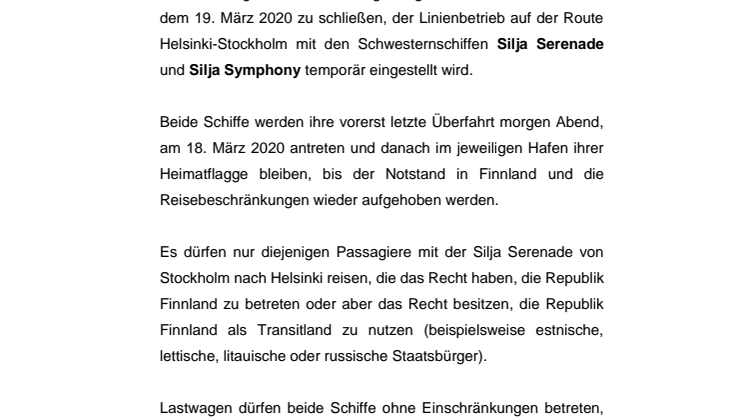Tallink Silja setzt den Betrieb der Schiffe Silja Serenade und Silja Symphony auf der Helsinki-Stockholm-Route ab dem 19. März 2020 aus