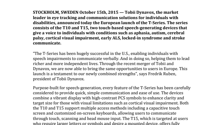 Tobii Dynavox brings the T-Series Communication Devices to users in Europe