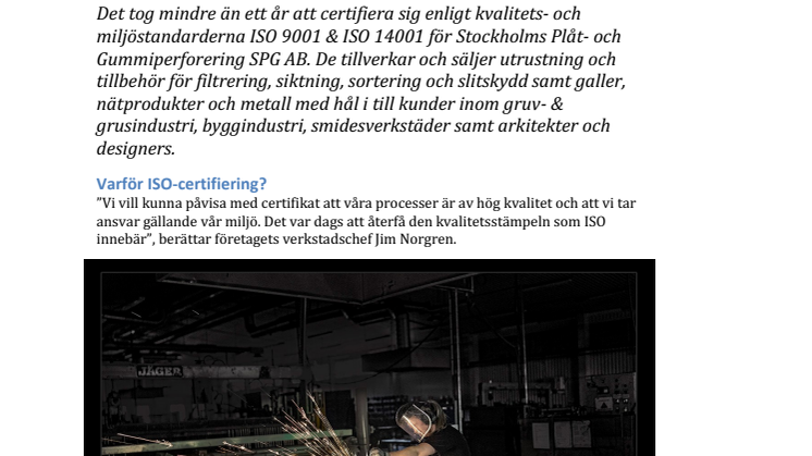 Stockholms Plåt & Gummiperforering SPG AB, certifierade enligt ISO 9001 & ISO 14001