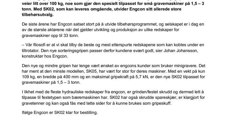 Engcon lanserer ny sorteringsgrip for minigravere – dekker stor etterspørsel fra markedet