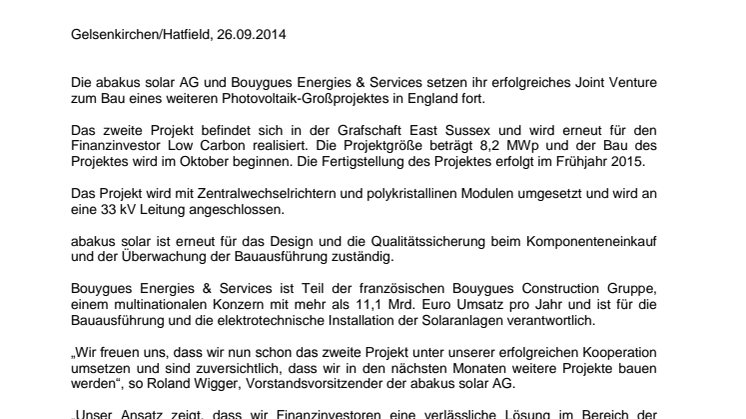 abakus BYes solar UK Limited schließt weiteren EPC und O&M Vertrag für ein 8,2 MWp Projekt in England  